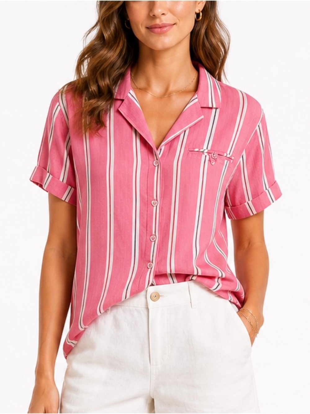 Koret Striped Button Up Blouse Pink and White Short Sleeve Made in USA Preppy